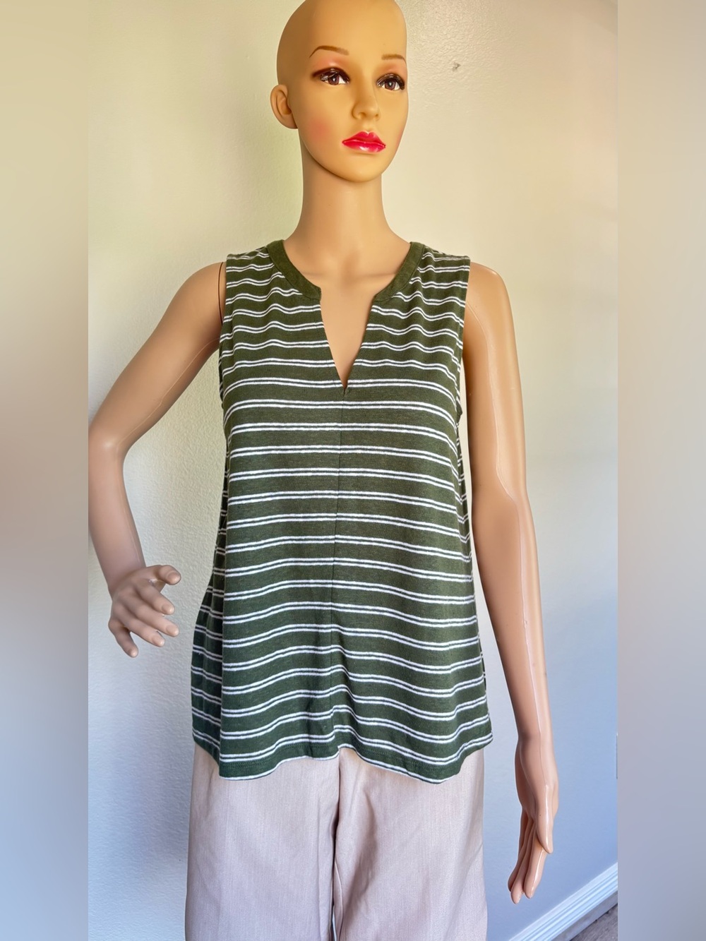 Old Navy Olive and White Striped Sleeveless Split-Neck Tank - Picture 1 of 13